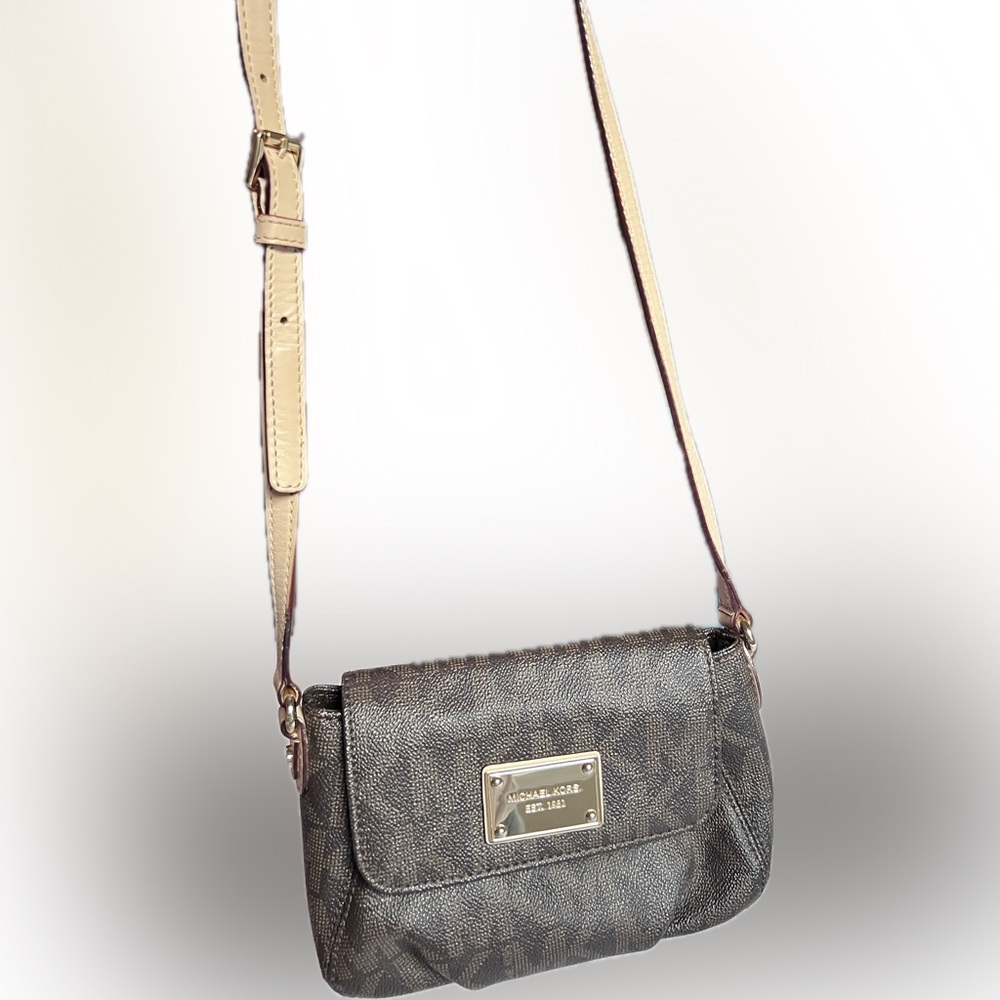 Michael Kors Crossbody Bag with Beige Strap & Gold Emblem